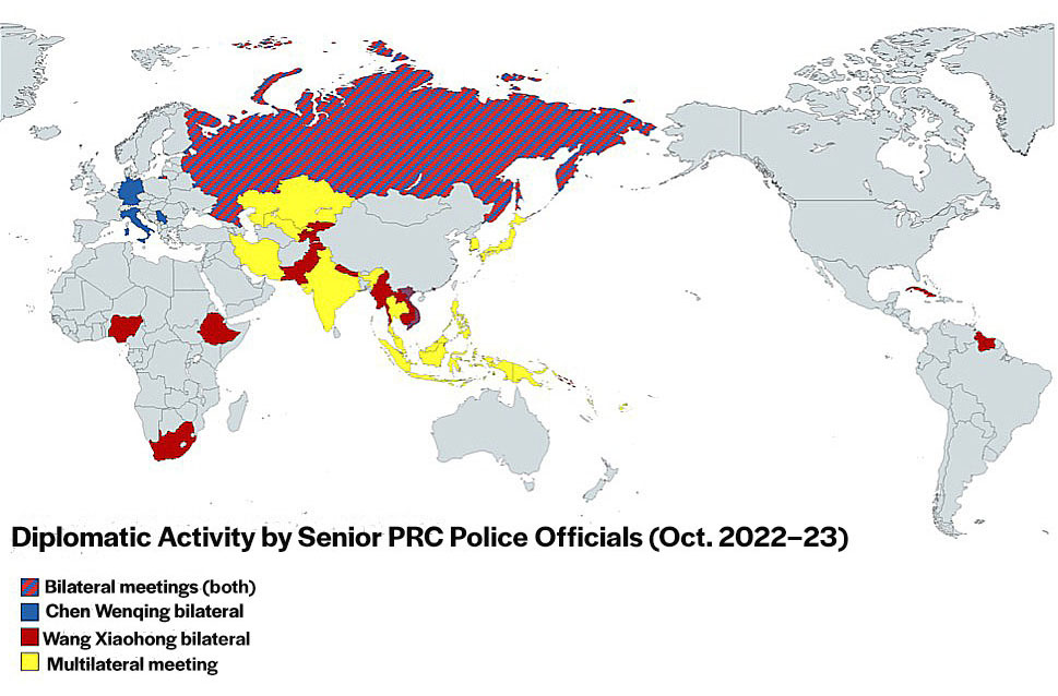 Figure 1. Diplomatic activity by senior PRC police officials (October 2022 to October 2023). (Source: Data for map compiled by author) Figure 1. Diplomatic activity by senior PRC police officials (October 2022 to October 2023). (Source: Data for map compiled by author)